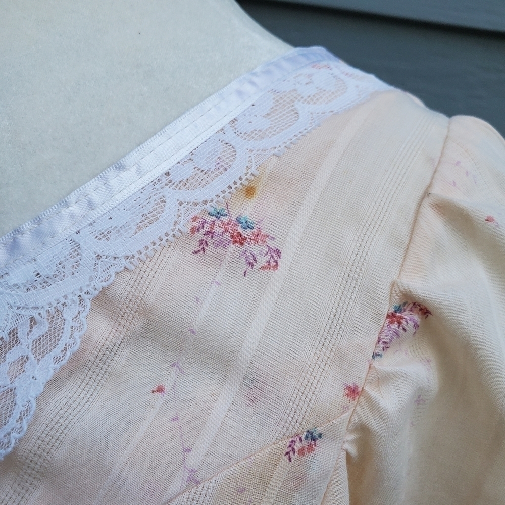 Vintage 70s Handmade Cottagecore Prairie Peach Pink Floral‎ Lace Midi Dress Sm - Picture 7 of 8